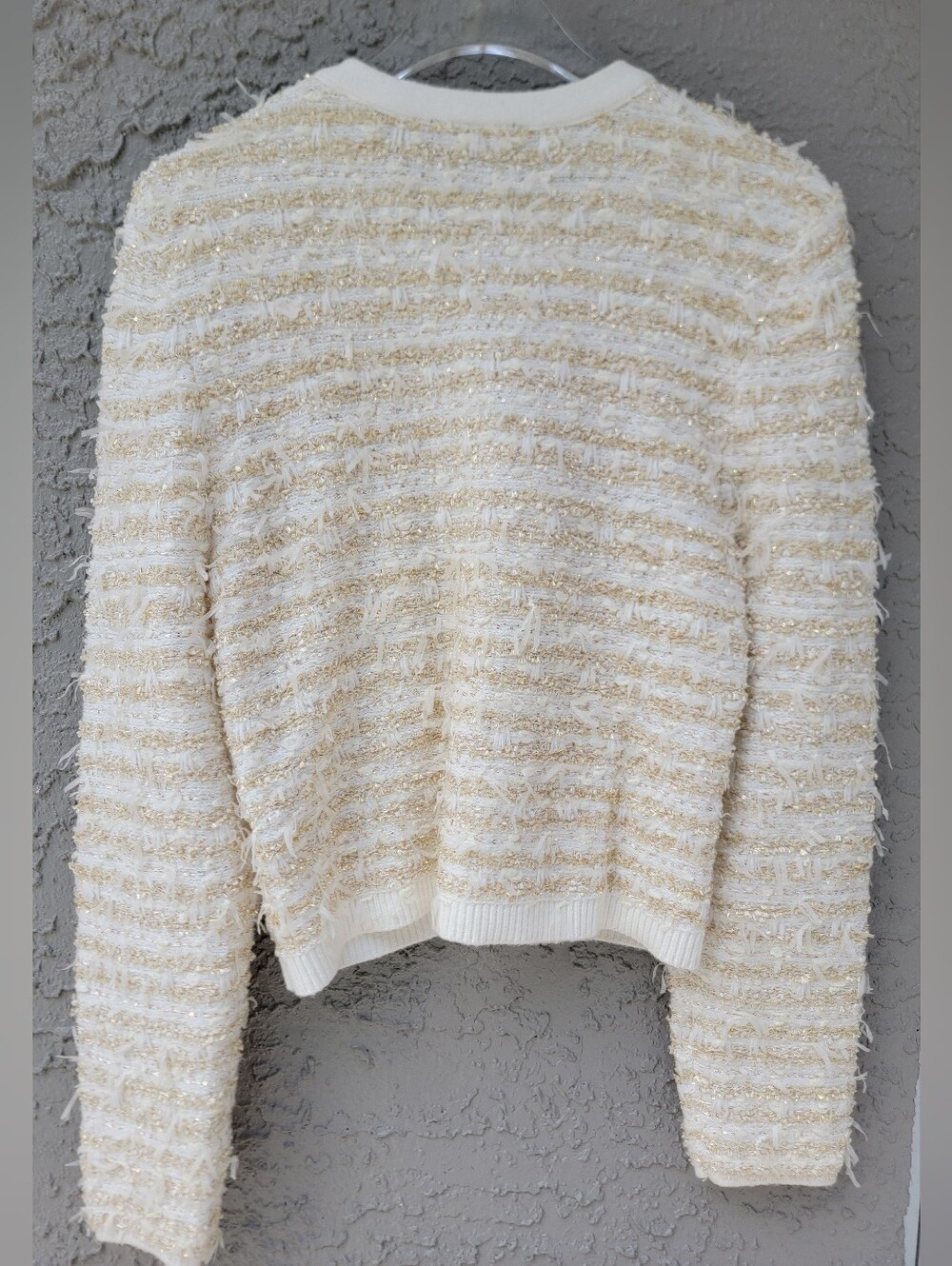 Express Cream Gold Metallic tweed Bouclé Knit Cardigan Jacket Medium clasp chic - Picture 6 of 13
